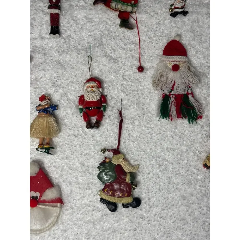 15 Santa Christmas Ornaments Crochet Macrame Bells, Clips, Vintage Handmade